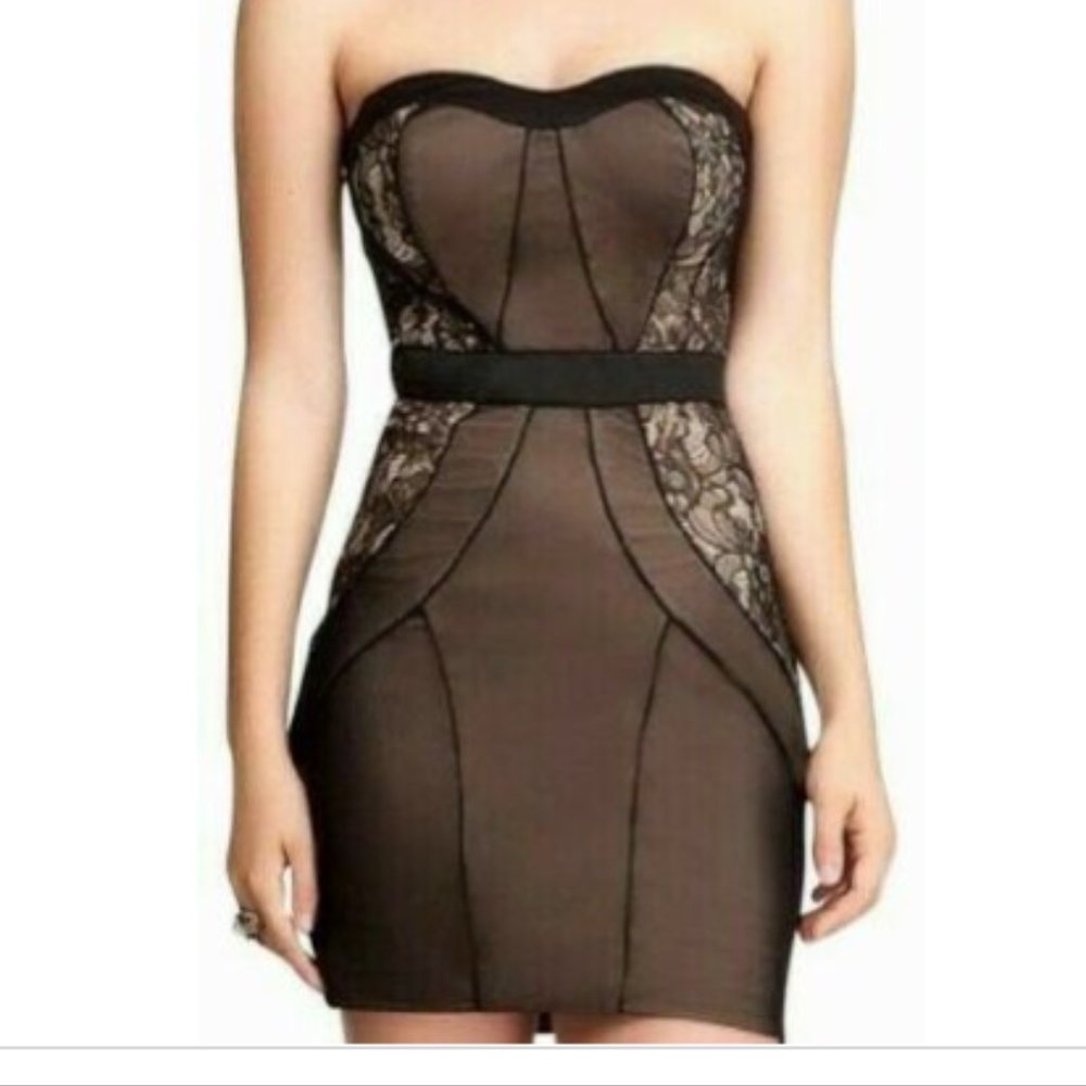 NWT! Bebe Strapless Black and Cream Lace Dress